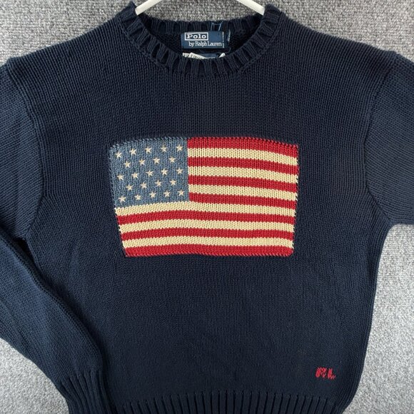 Polo Ralph Lauren Heavyweight Knit Flag Sweater Large Cotton USA Graphic Crew - Picture 1 of 16